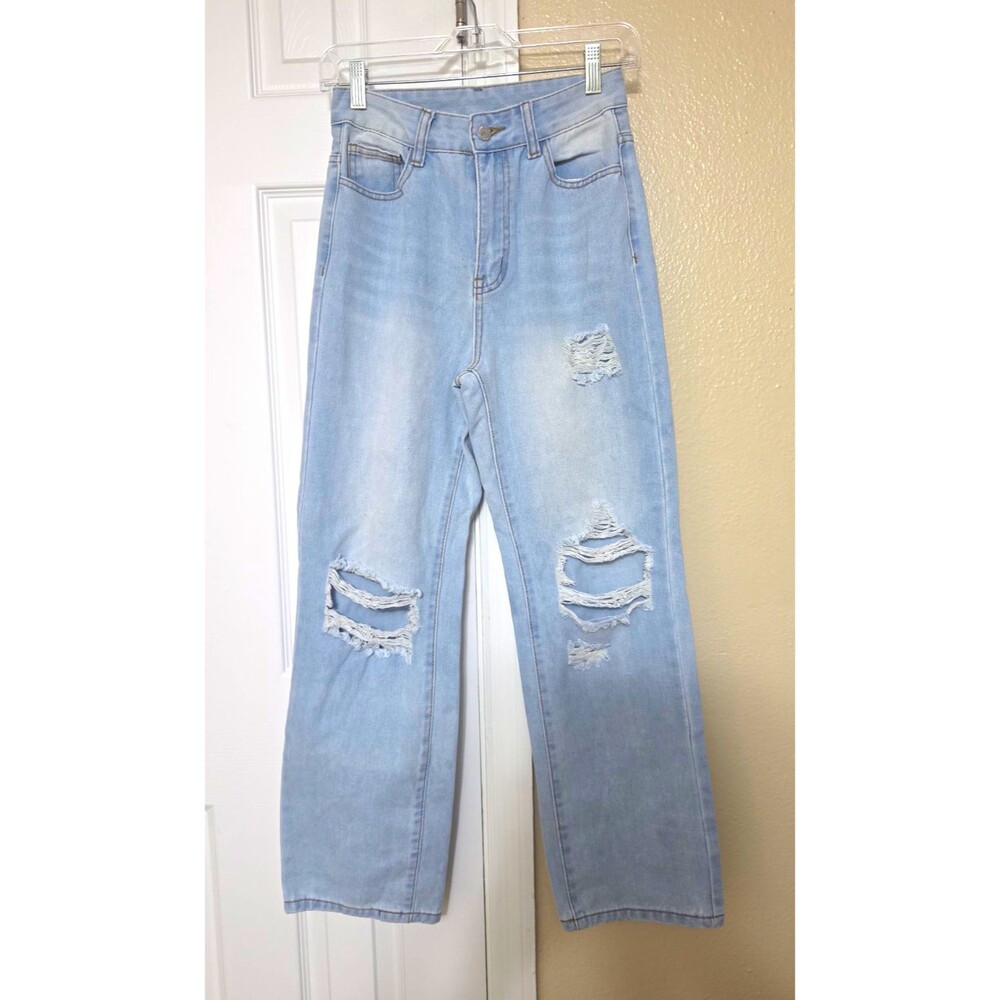 SHEIN Women’s Wide-Leg Blue Light Wash Denim Jeans Distressed 5-Pocket XS